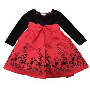 RARE EDITIONS Toddler 2T Holiday Christmas Red & Black Velvet Lace Dress EUC